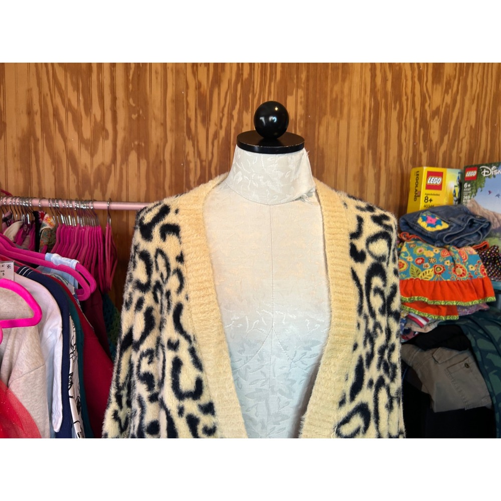 For Love & Lemons Leopard Print Fuzzy Cardigan Sweater Yellow Black Defect XL - Picture 3 of 11